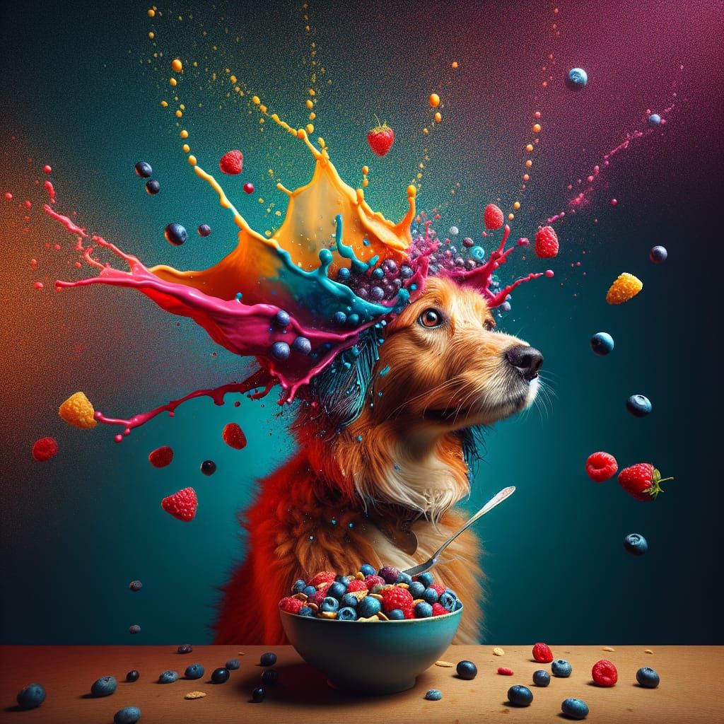 Hyperrealistic Dog Splashed by Falling Berries