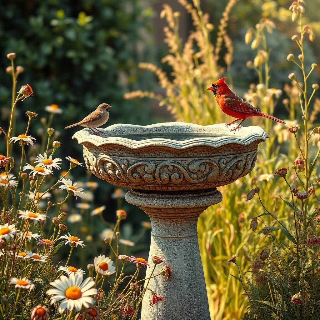 Vibrant Garden Oasis with Ornate Bird Bath and Blooming Flow...