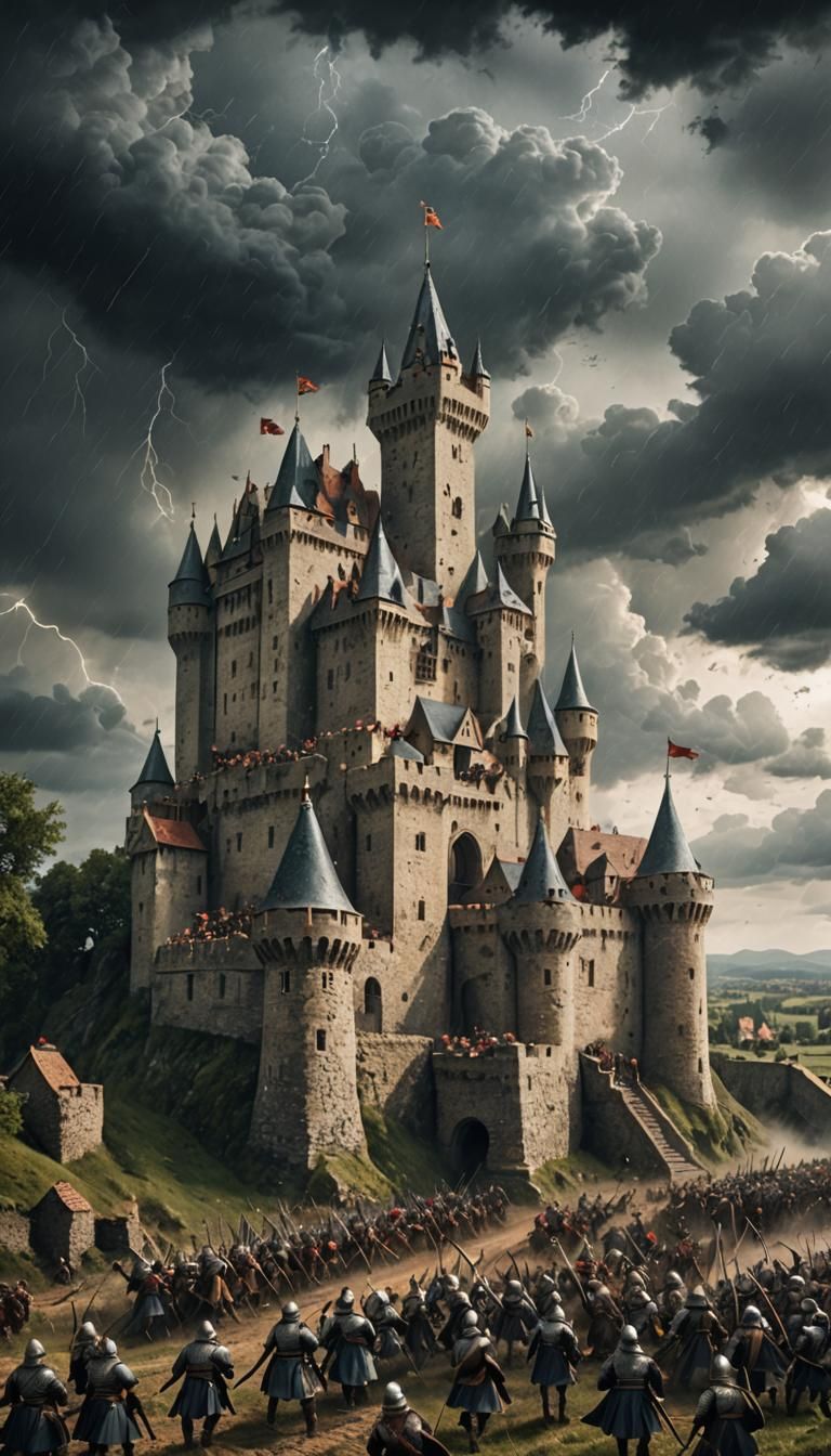 Medieval Army Attacking Castle Under Stormy Sky