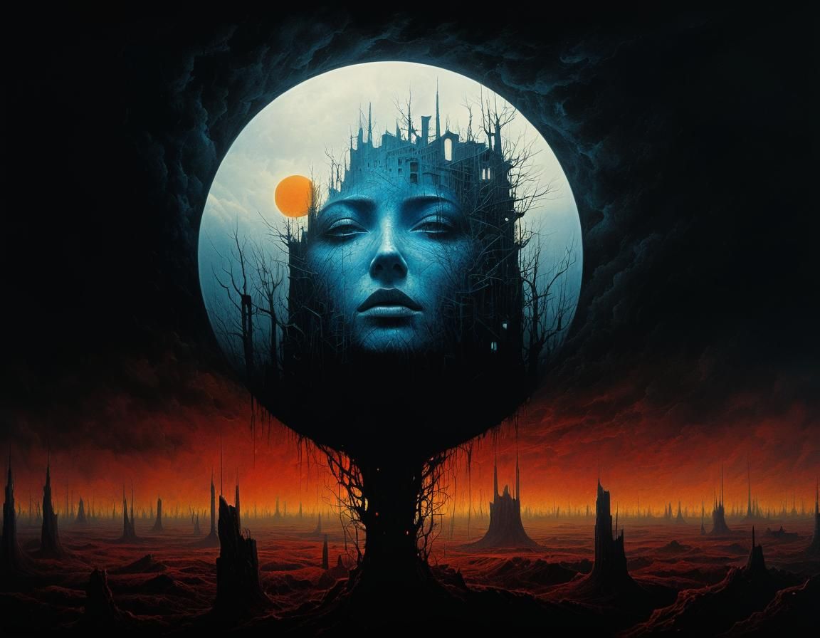 Dark Ethereal Surreal Horror Portrait in Beksiński Style