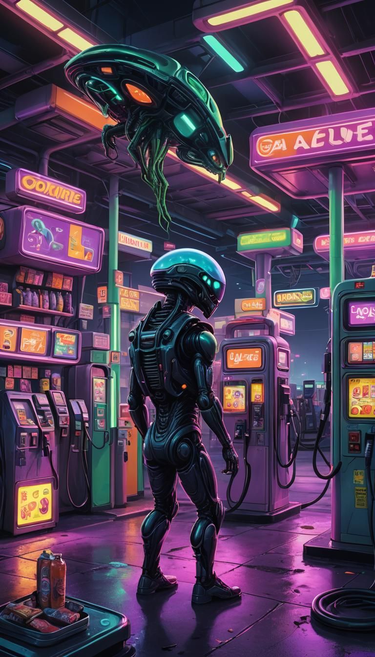 Aliens Fueling Up at Neon Gas Station