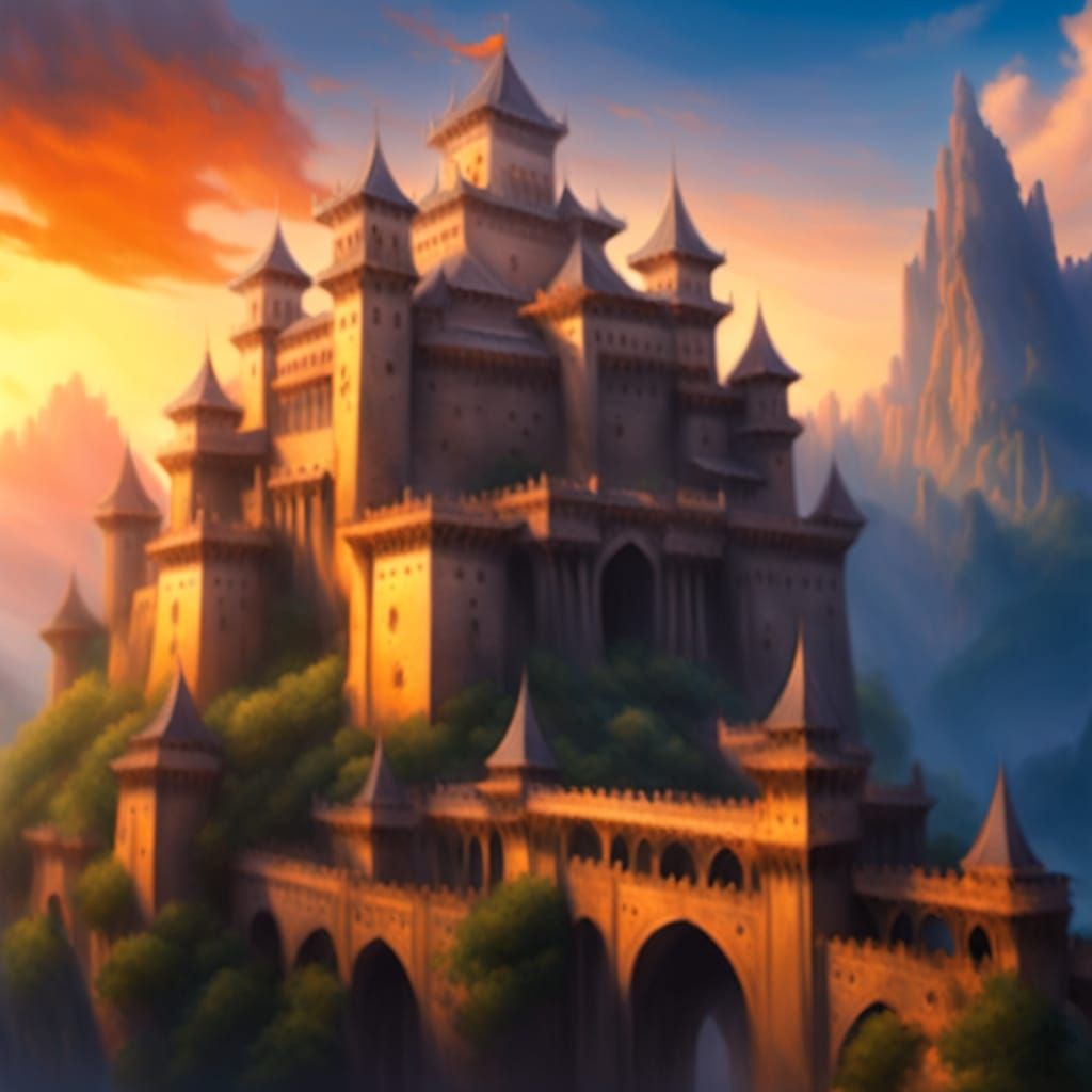 Fantasy Castle on Mountain at Sunset: Oil Painting