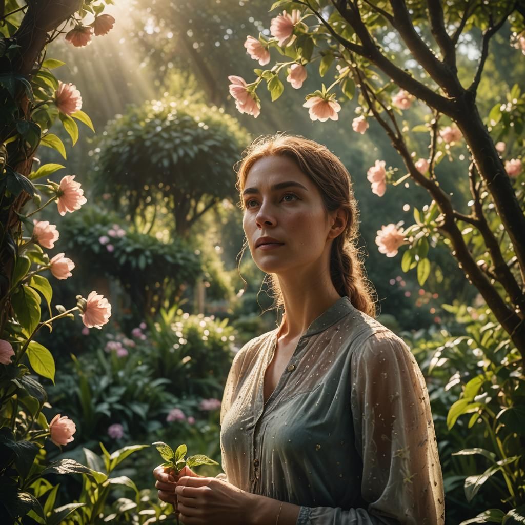 Serene Woman in Lush Garden: Cinematic Film Still