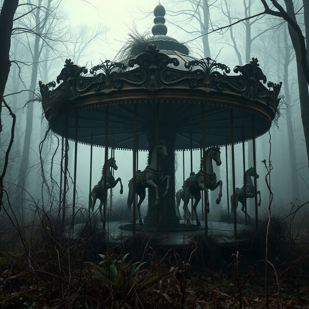 Eerie Abandoned Carousel in Misty Forest