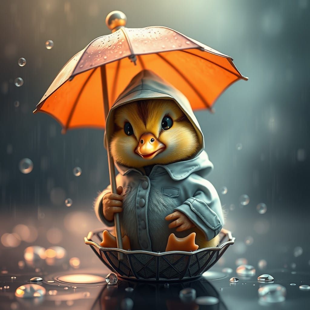 Whimsical Duckling in Rainy Day Scene