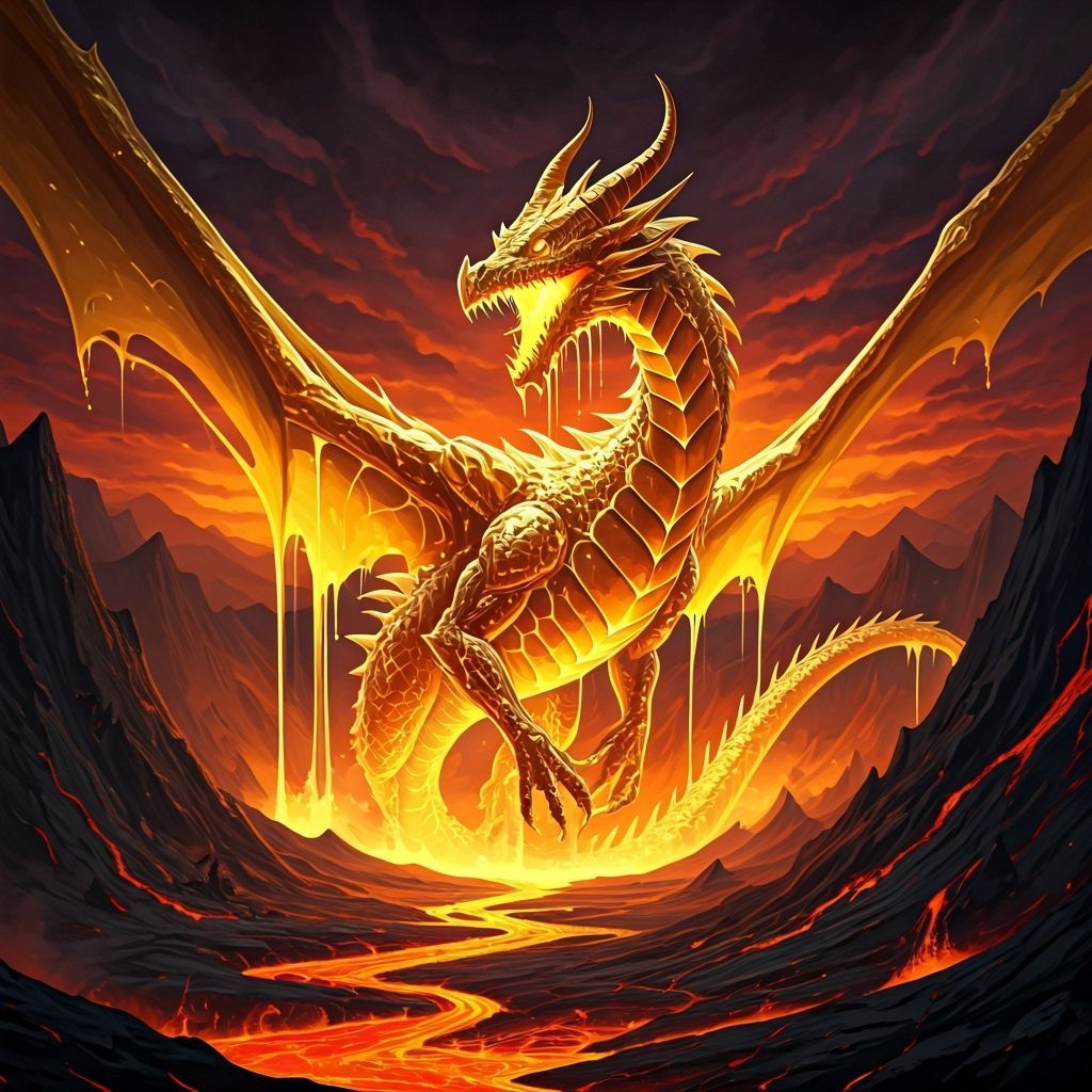 Molten Gold Dragon Soars Through Volcanic Landscape