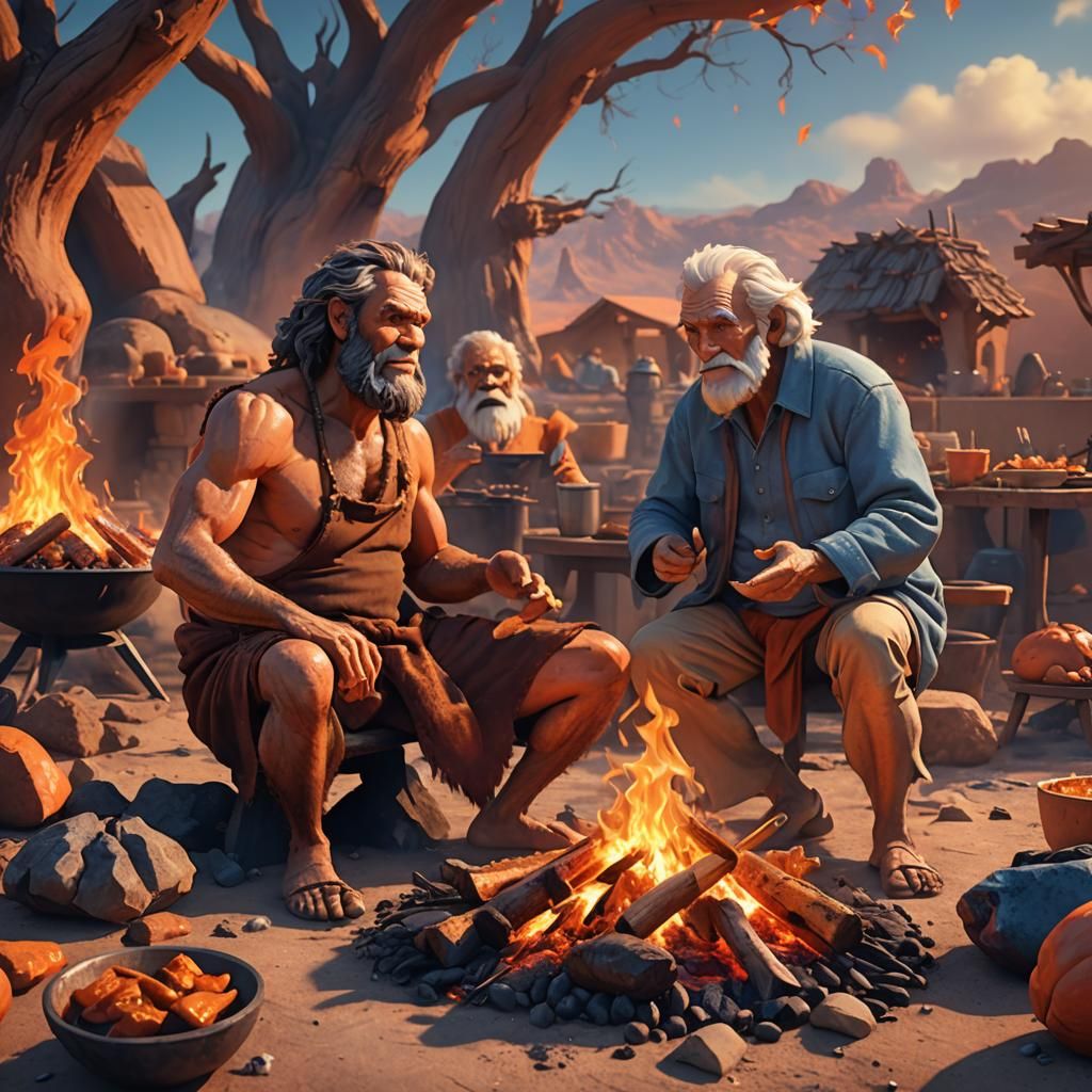 Caveman and Modern Man at Barbeque Fire