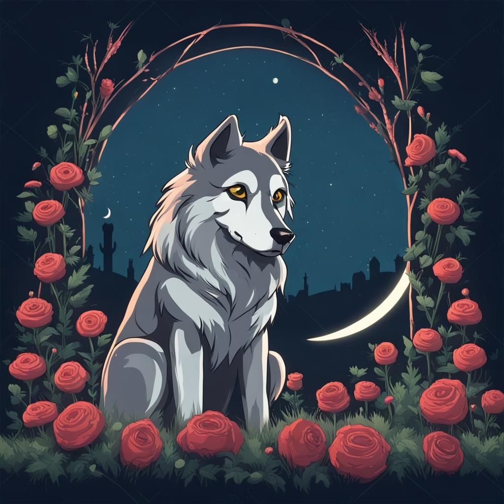 Sad Wolf Howling at Moon in Cemetery