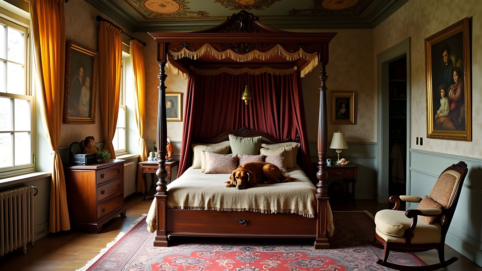 Rococo Bedroom with Irish Setter at Golden Hour