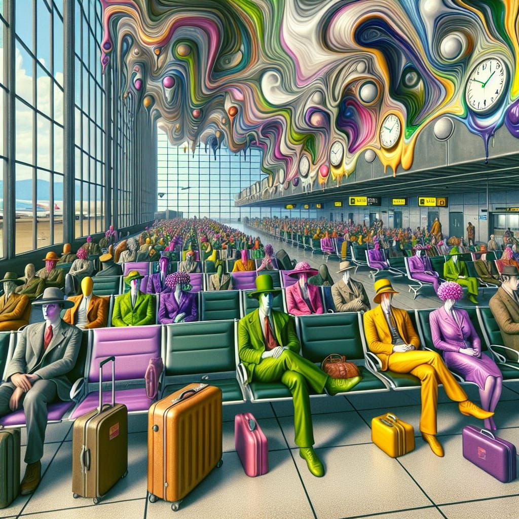 Surreal Airport Scene with Colorful People and Tulips