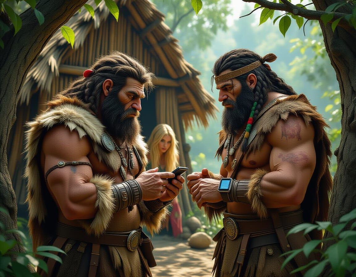 Neanderthal Man and Smartwatch, Matte Painting Style