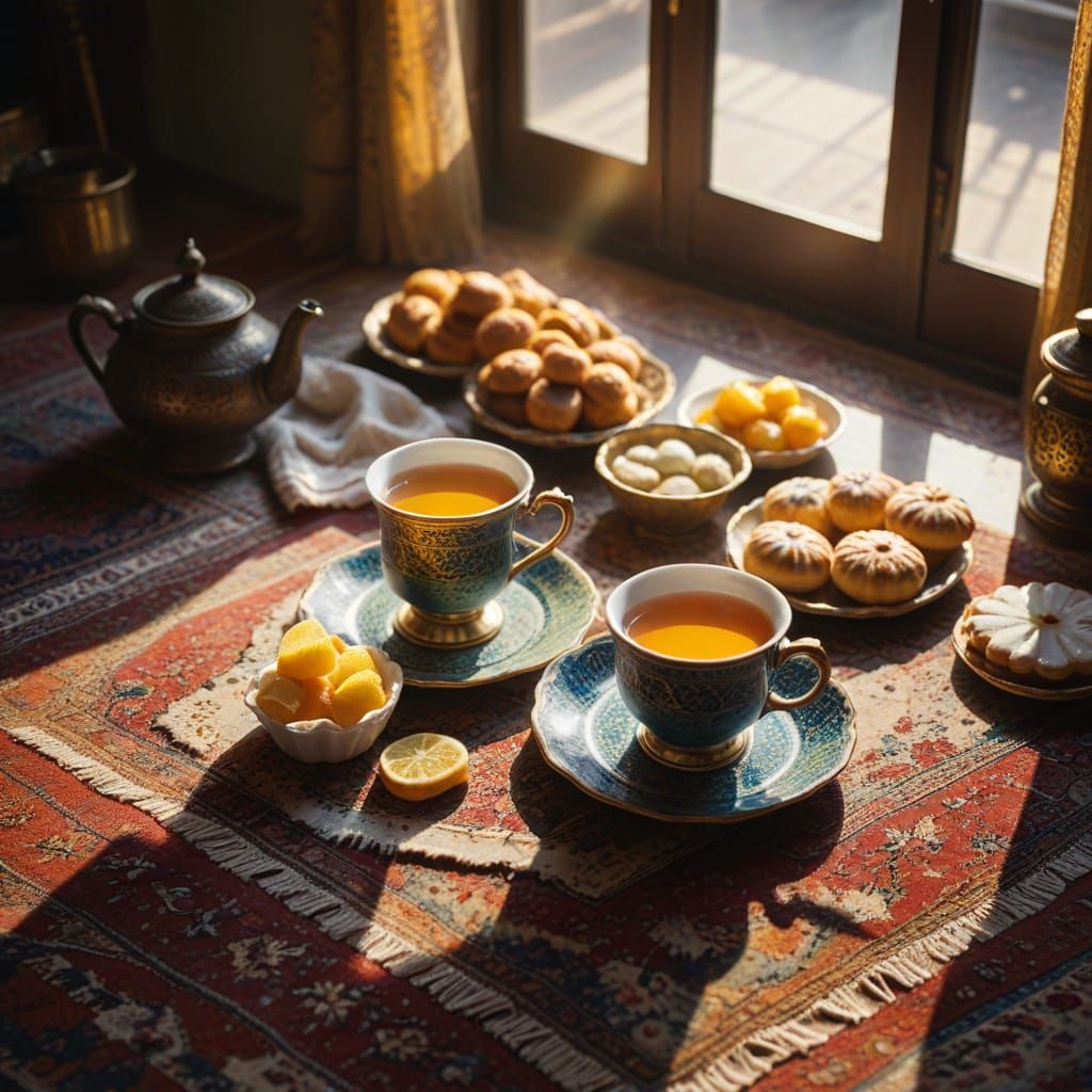 Iranian Tea and Pastries in Golden Sunlight