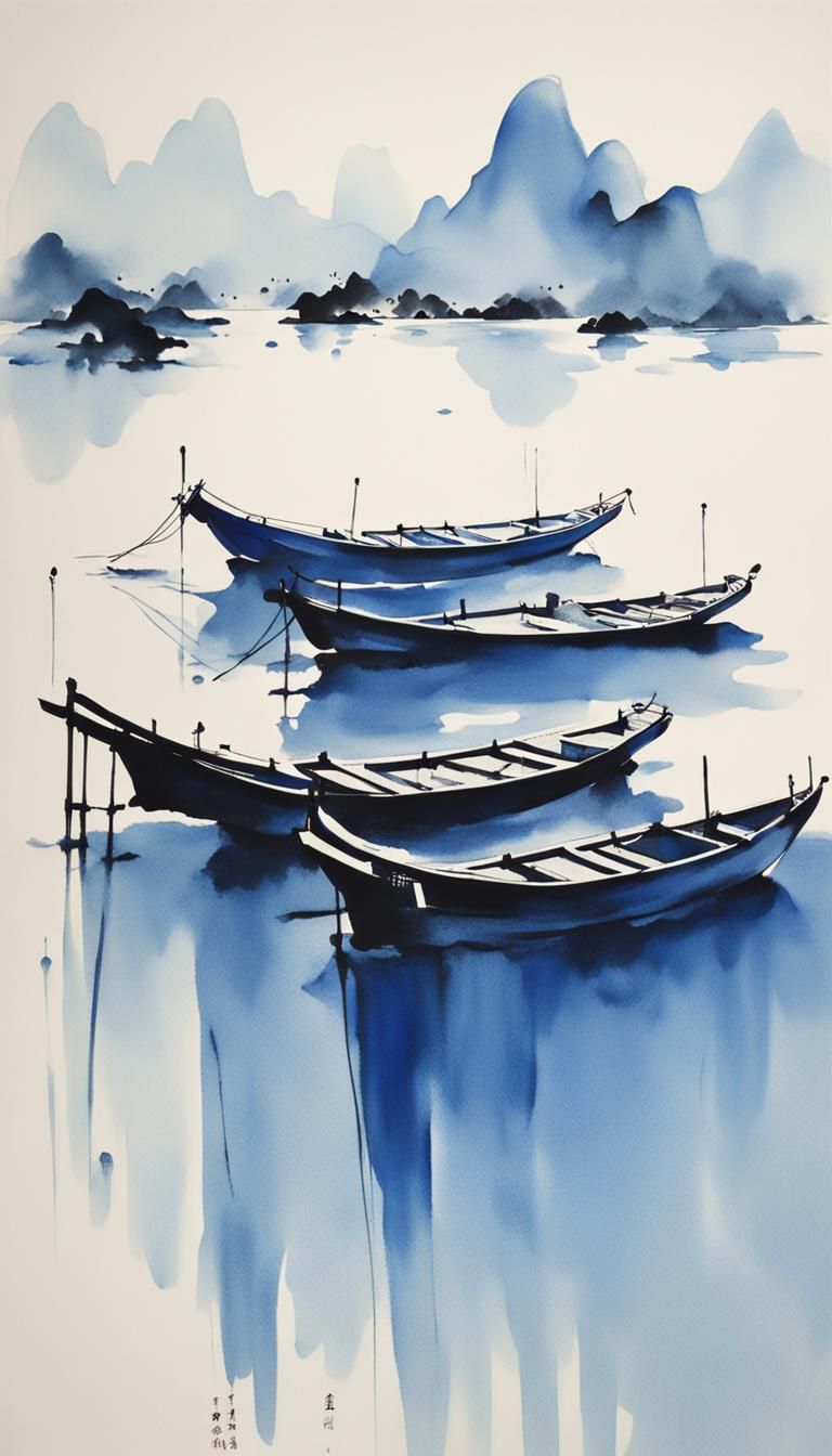 Minimalist Chinese Ink Painting of Tsunami with Boats