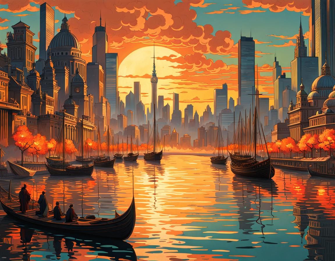 Sunset Cityscape in Ukiyo-e Style