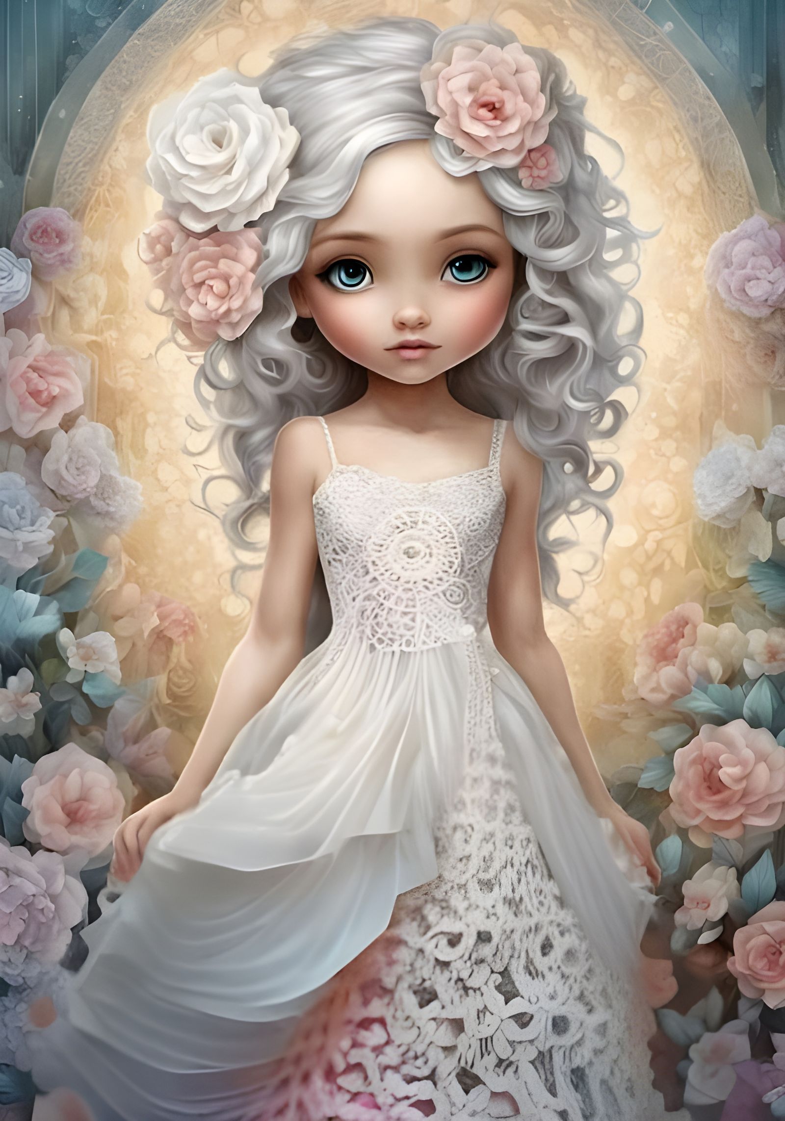 Girl in White Crochet Dress: Digital Art