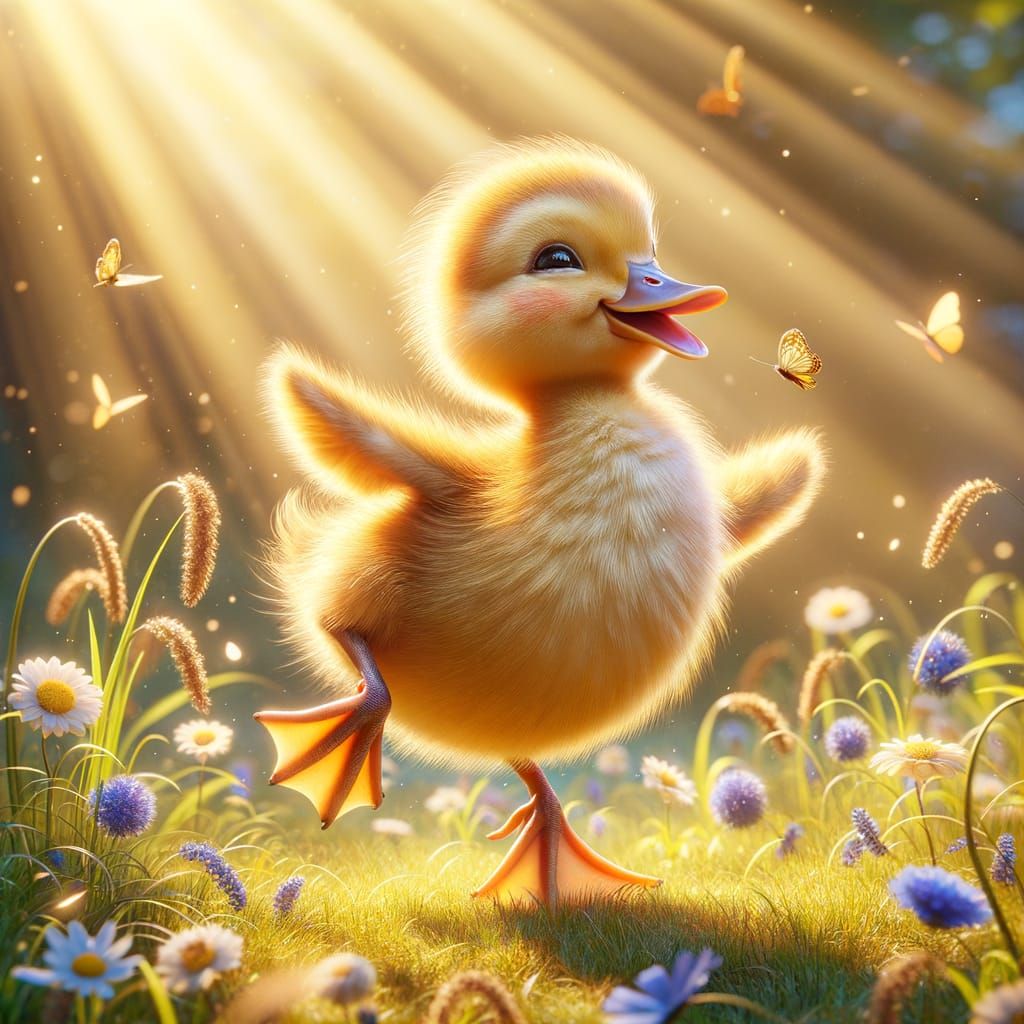 Joyful Duckling Dances in Sunlit Meadow: Hyperrealistic Art