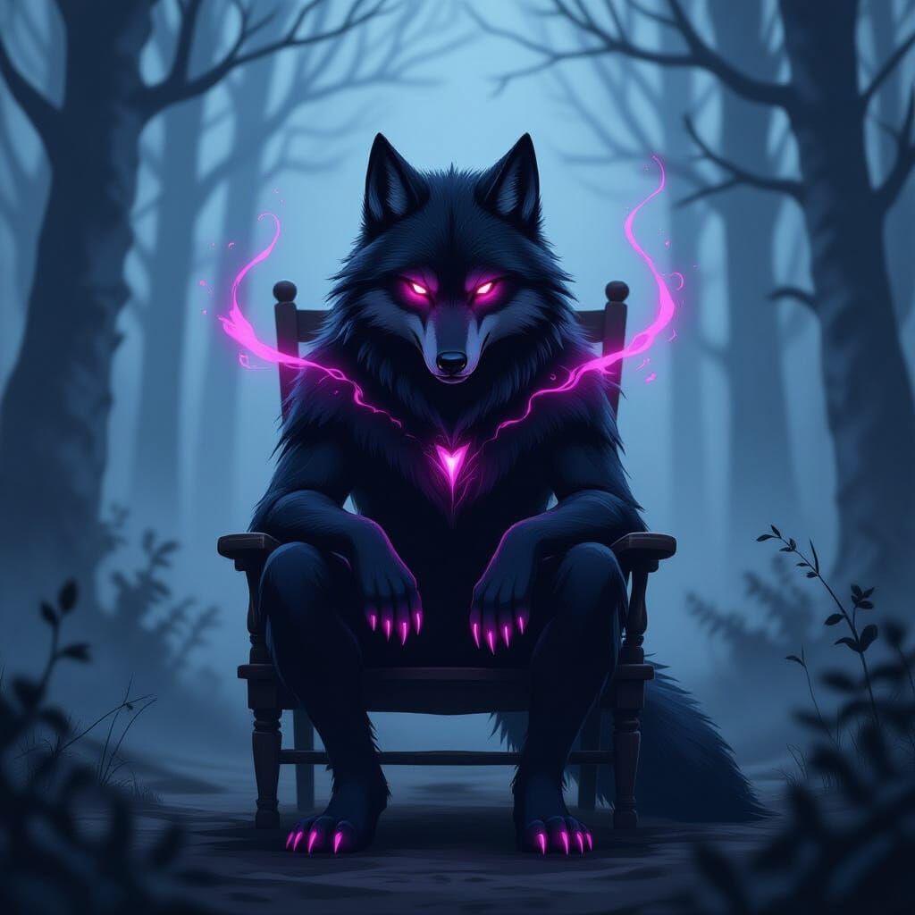 Anthropomorphic Wolf Shadow in Misty Forest at Night
