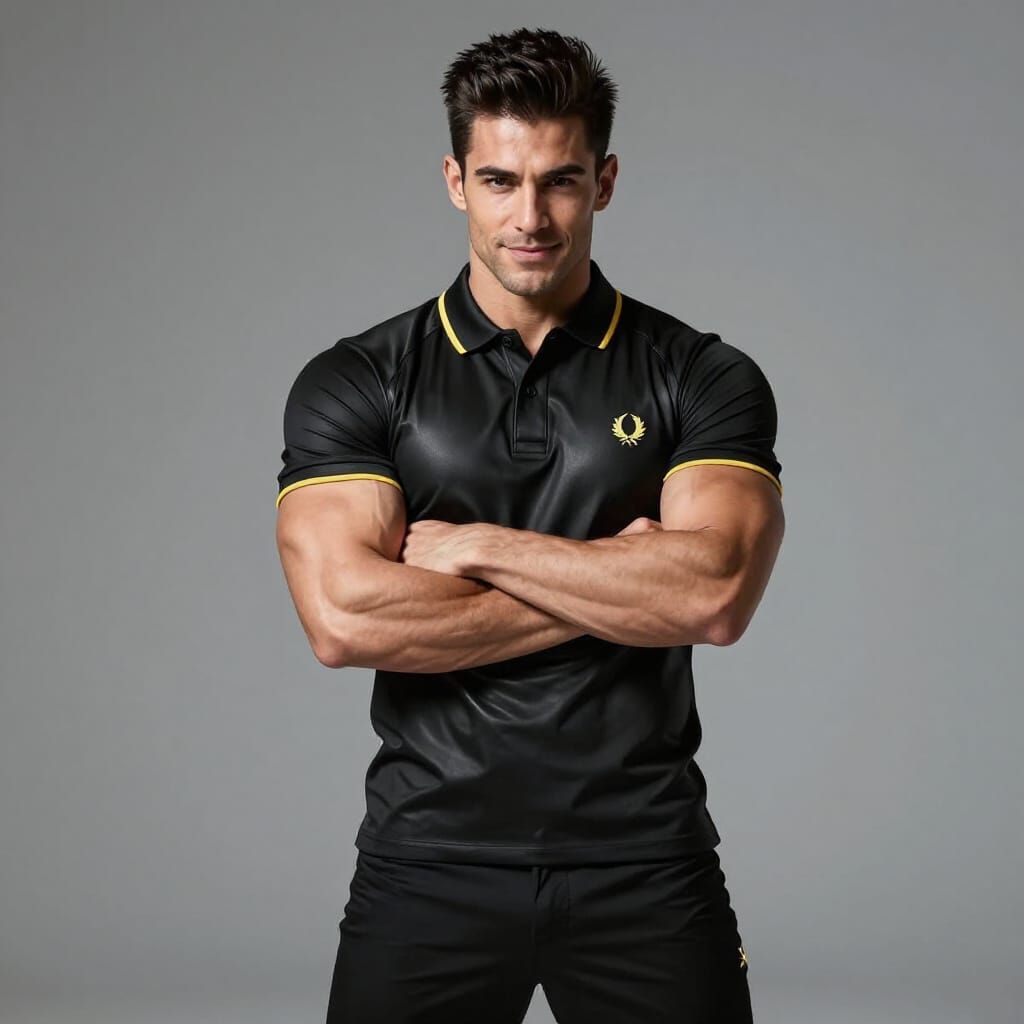 Muscular Man in Black Rubber Polo Shirt with Yellow Accents