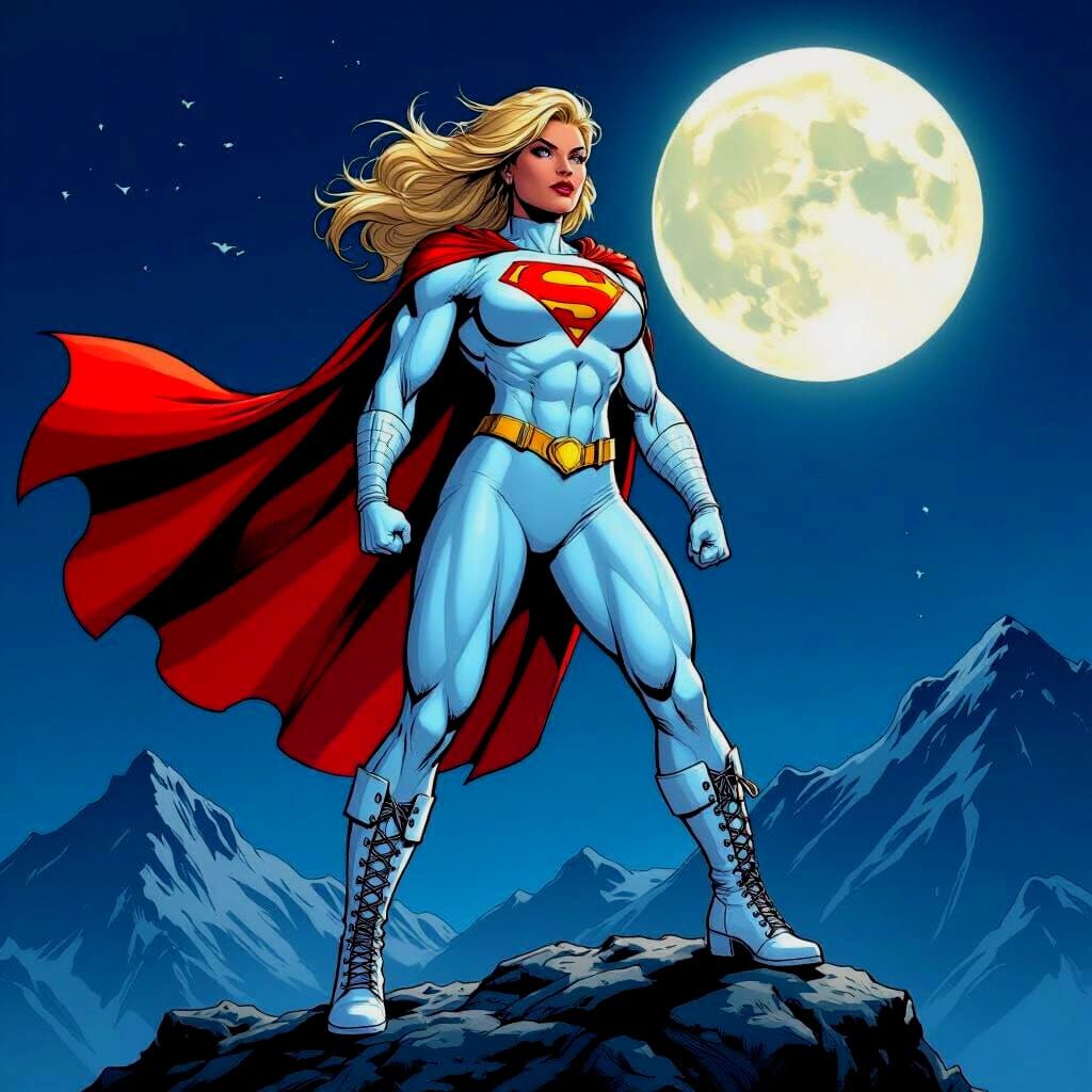 Powergirl with Huge Muscles on Mountain at Night