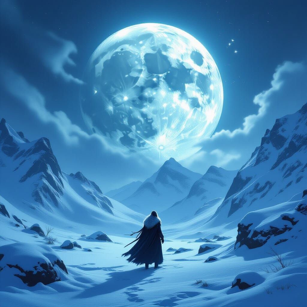 Angry Moon Over Eerie Arctic Fairy Tale Landscape