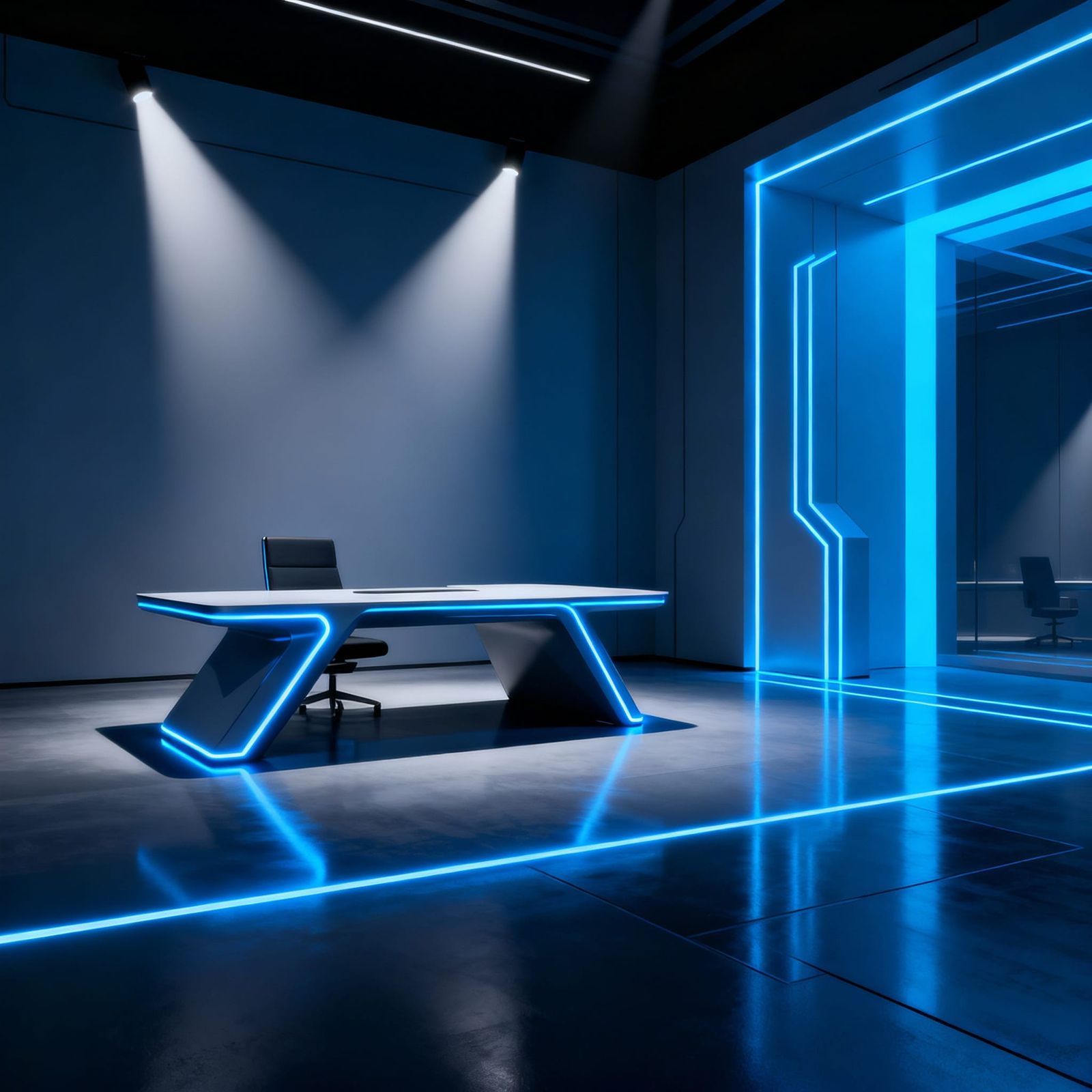 Futuristic Office with Neon Blue Lines in Tron Style