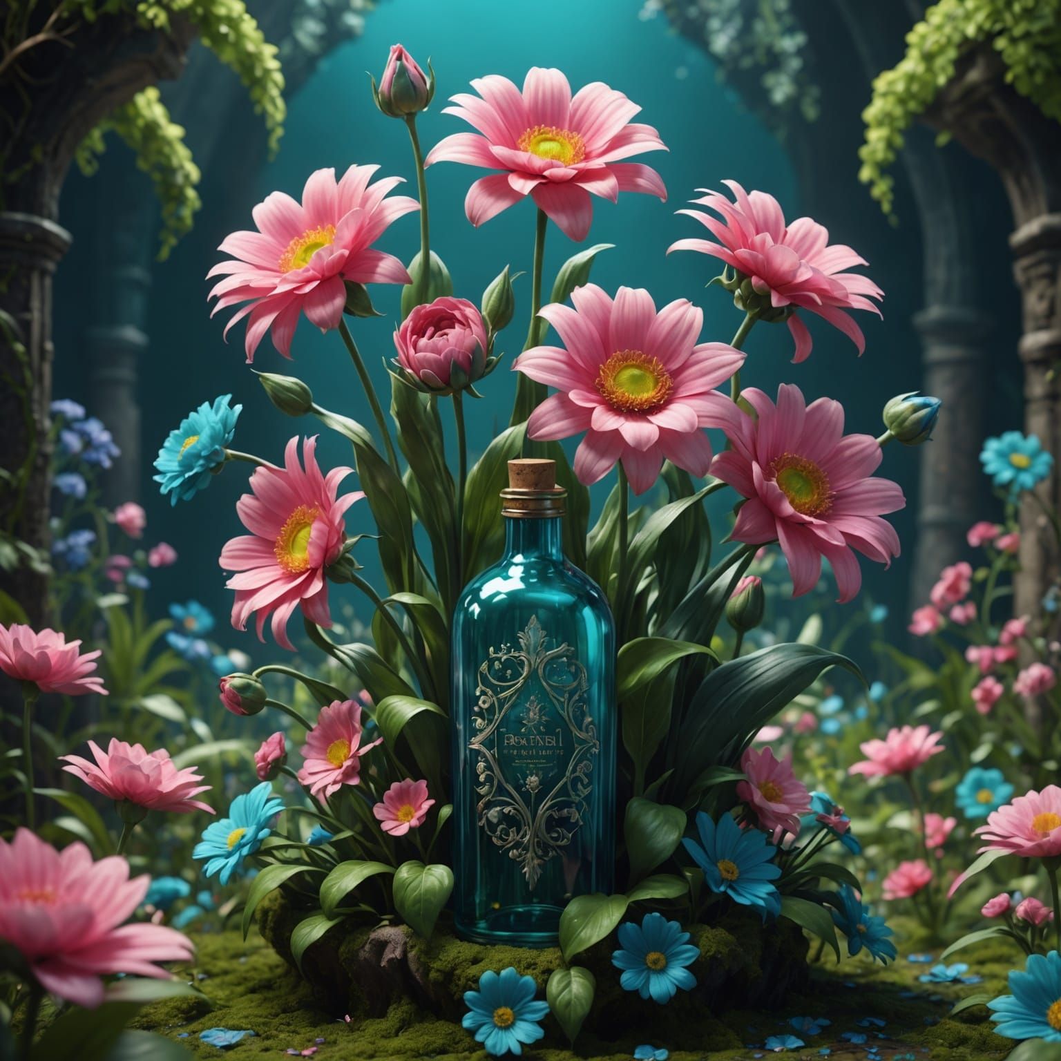 Fantastical Flower with Pink, Blue, and Green in Matte Paint...