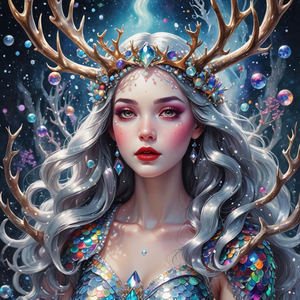 Snow White Space Mermaid with Silver Antlers