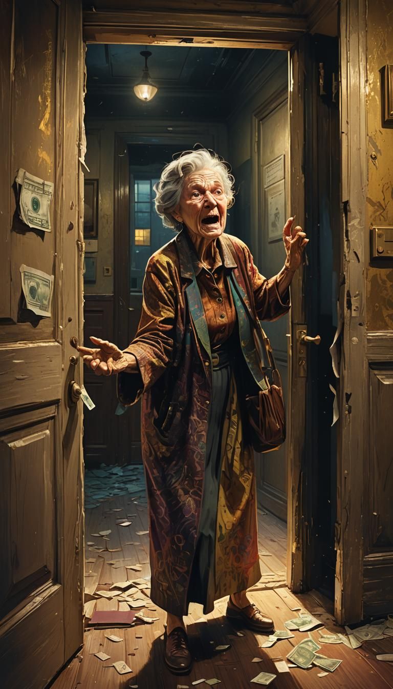 Shocked Woman Throws Dollar in Hallway: Hyperrealistic Art