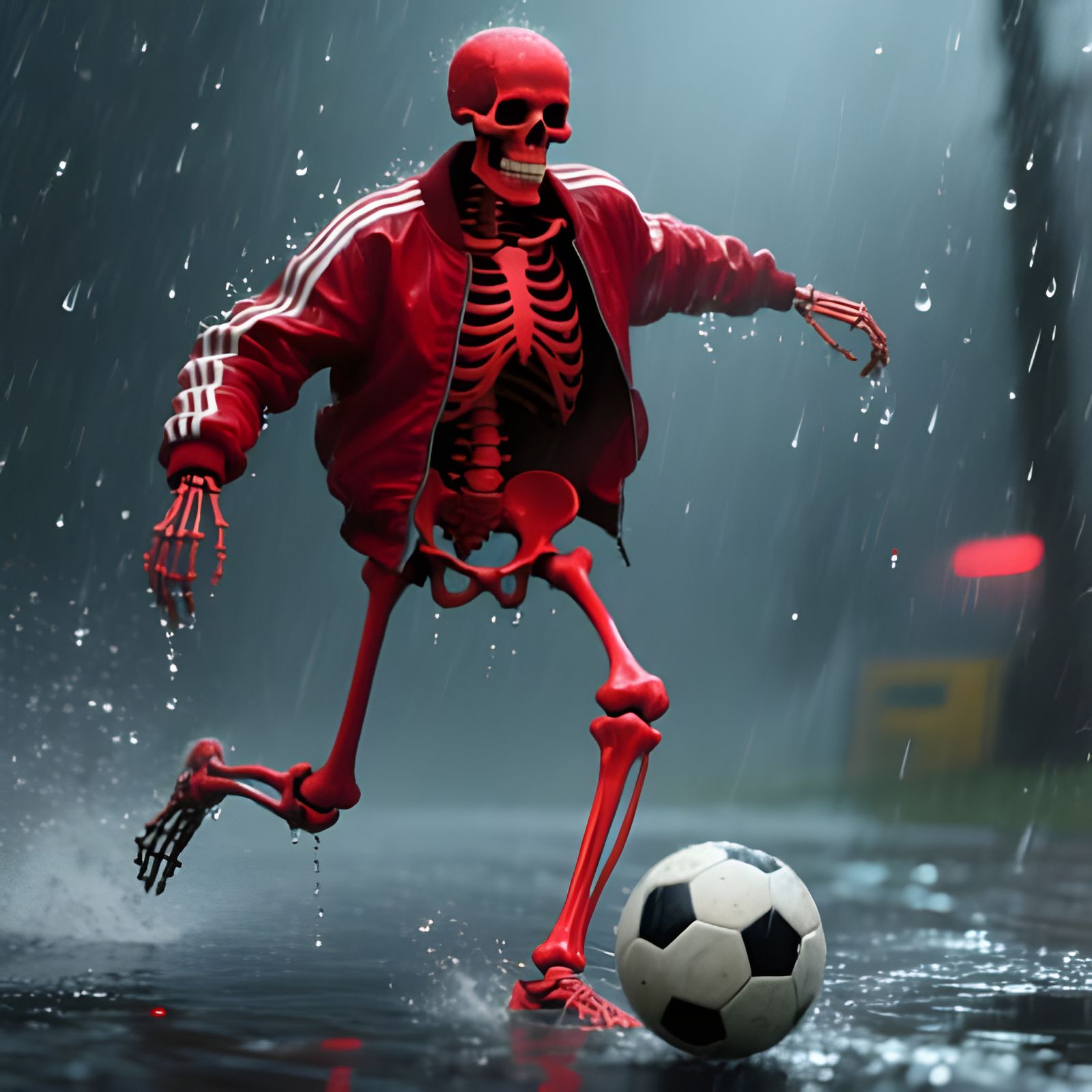 Red Skeleton Plays Ball in Rainy Cityscape