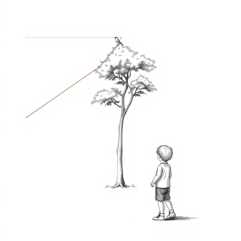 Technical Drawing of Boy Viewing Bird on Tree