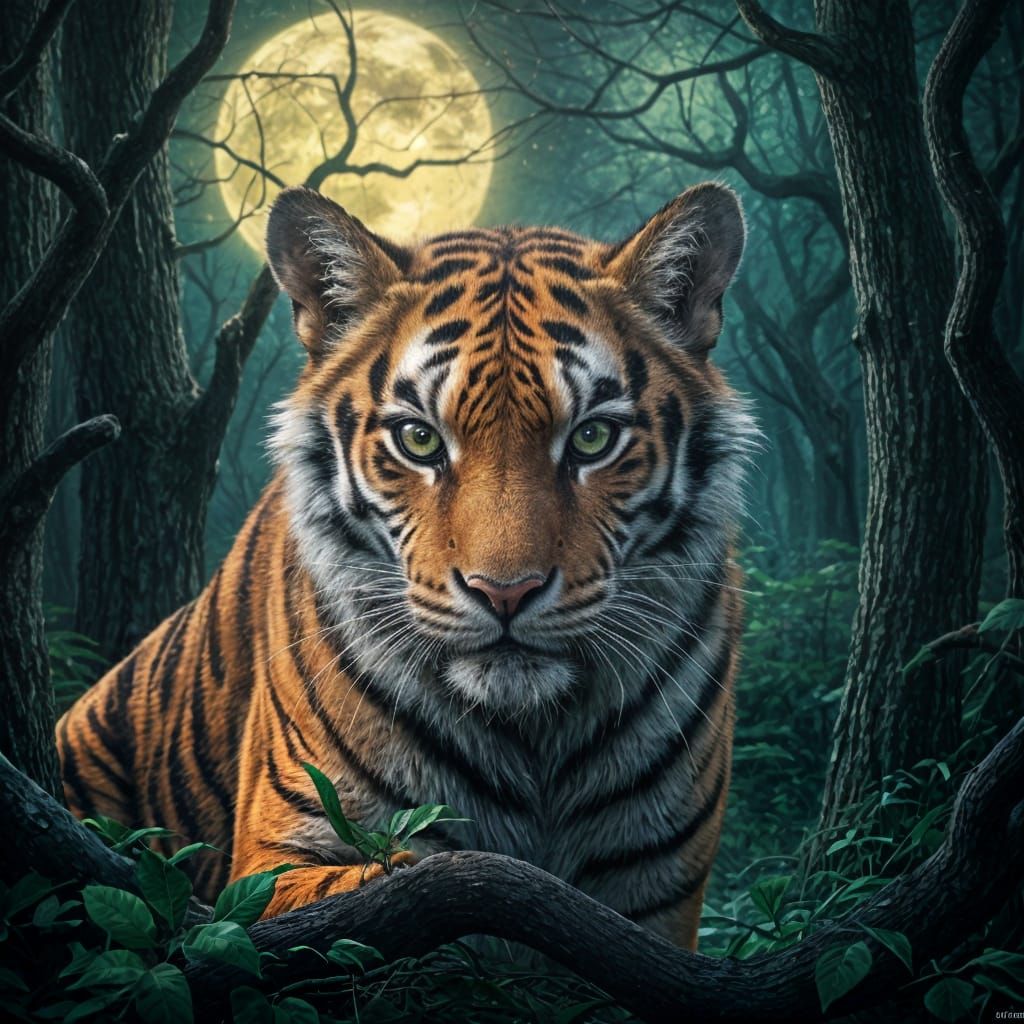 Ethereal Tiger Illuminated in Dark Forest