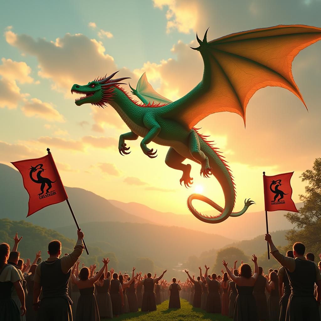 Green Dragon Soaring at Dusk, Fantasy Art