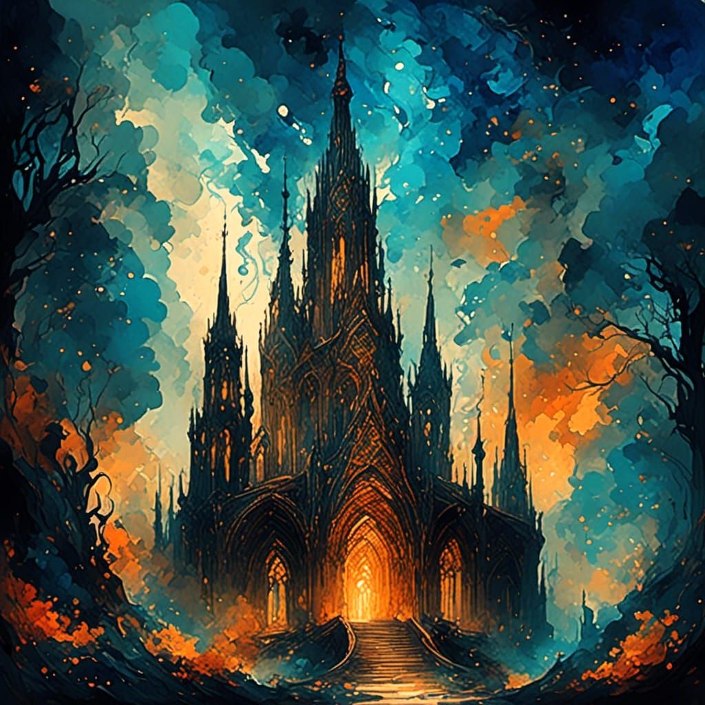 Blue Fire Engulfs a Dark Spire: Digital Watercolor