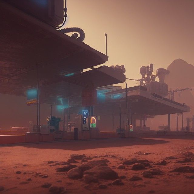 Sinister Gas Station on Mars in Synthwave Style