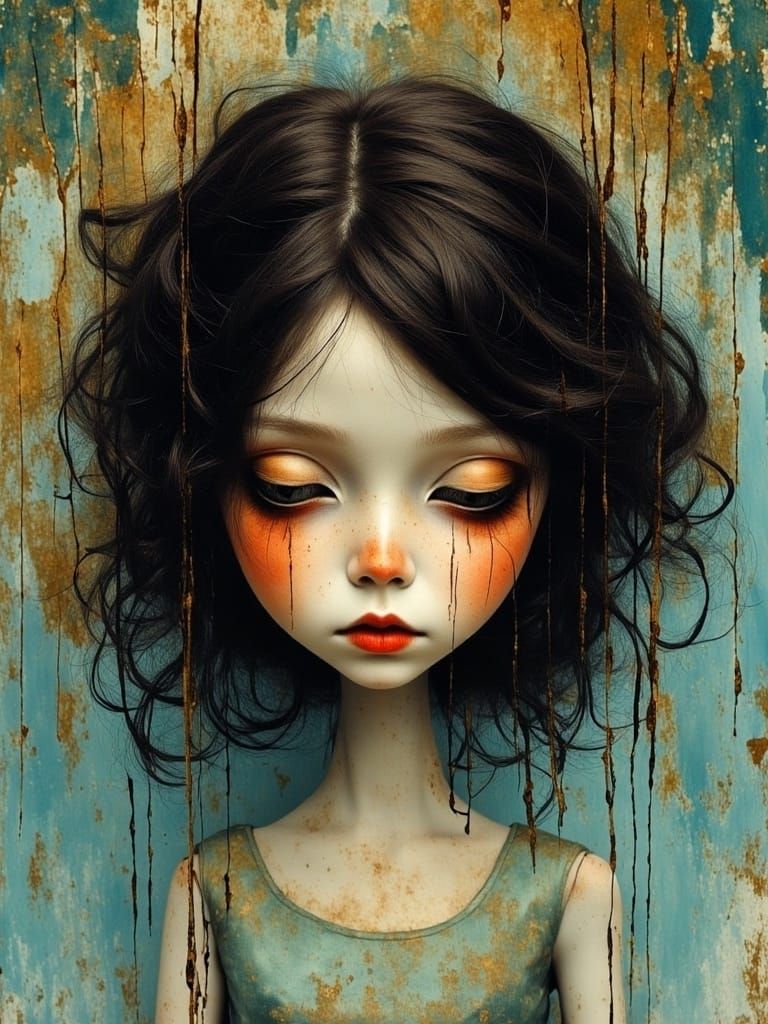 A curly long dark <lora:Marionette-Flux:1.0> haired 5 year o...