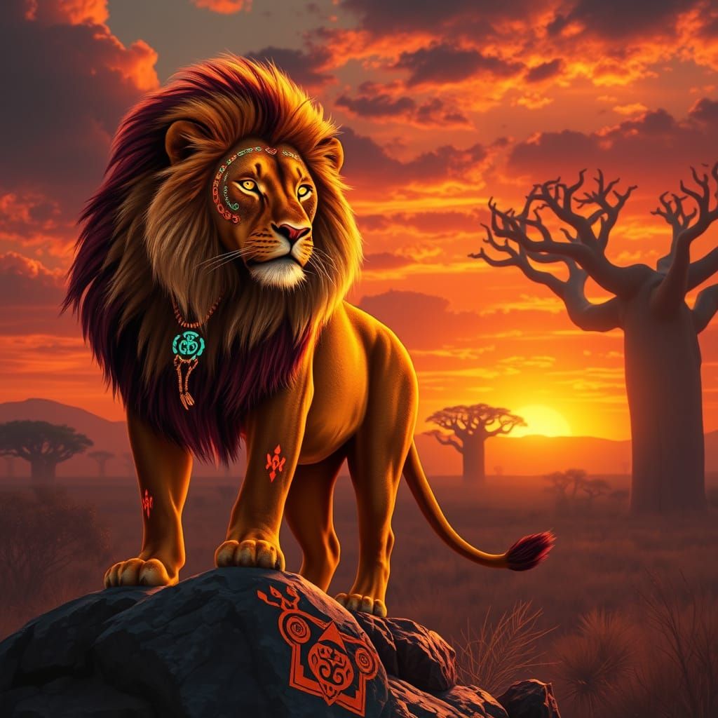 Lion with Glowing Tribal Markings at Sunset