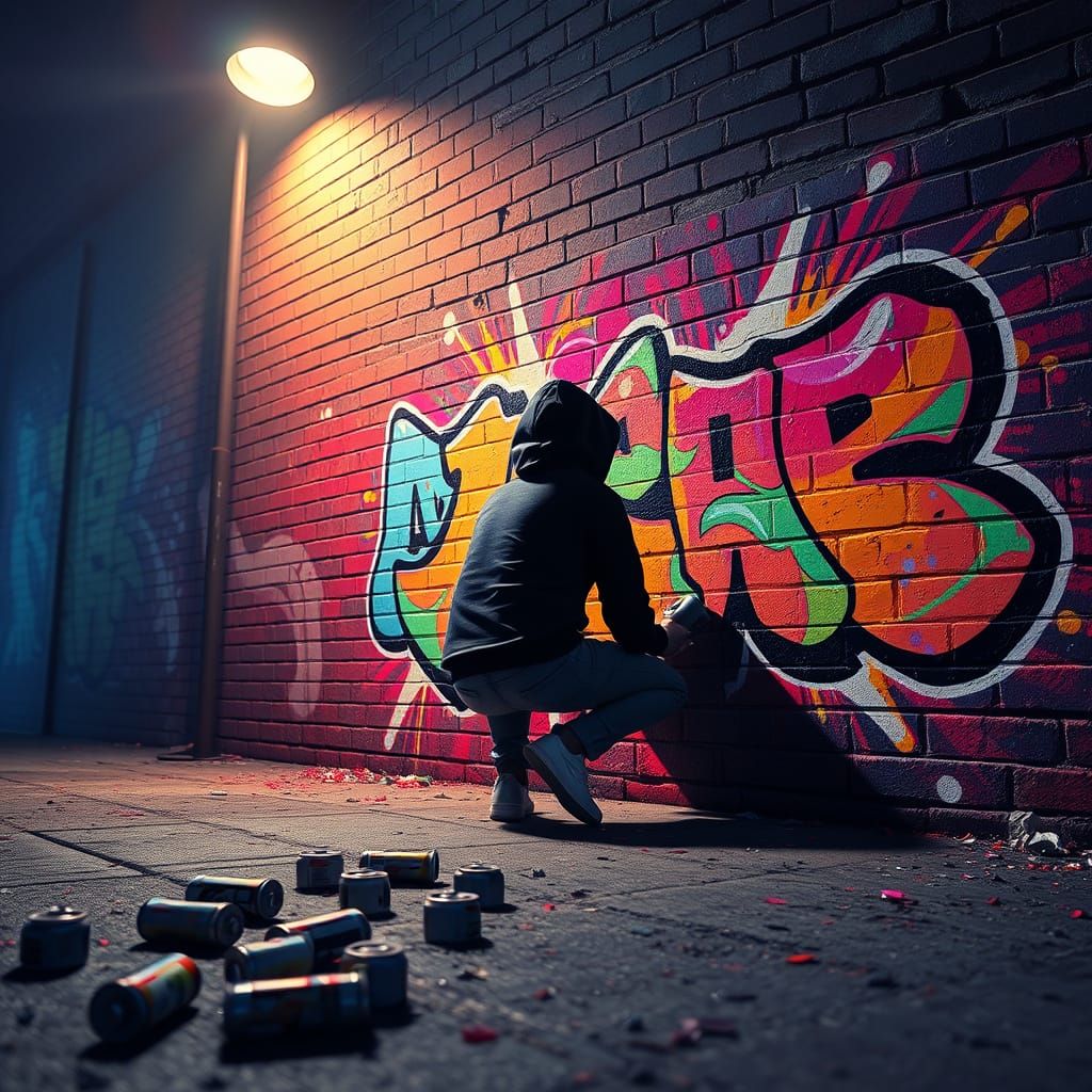 Graffiti Artist in a Dreamlike Nighttime Scene