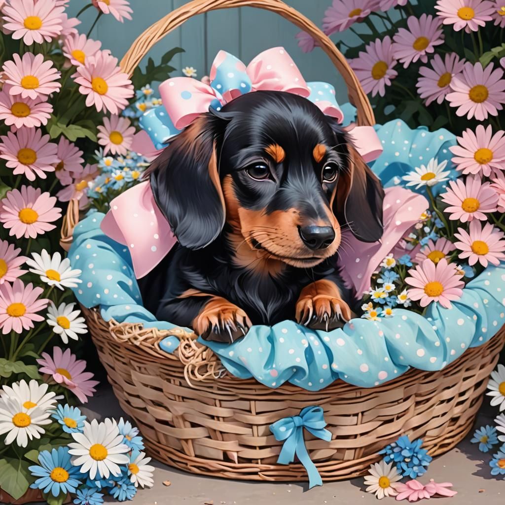 Dachshund with Bow Sleeping in Daisies: Anime Illustration