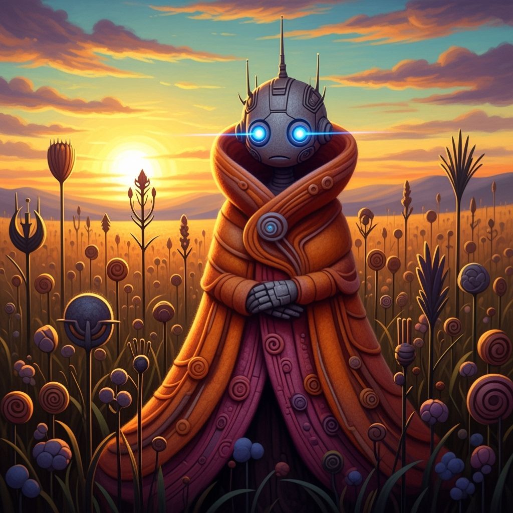Felted AI Robot in Art Deco Wildflower Field