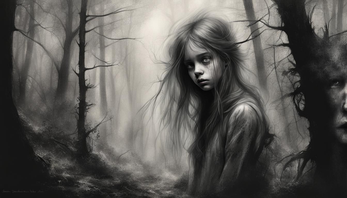 Tired Girl in Forest: Dark Fantasy Illustration
