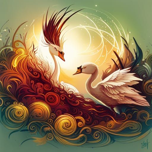 Luminous Swan with Golden Outlines, Digital Painting