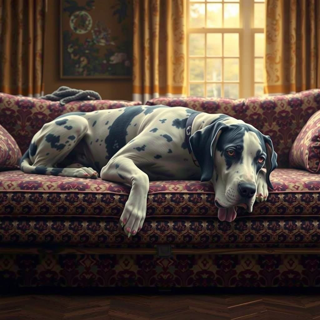 Majestic Great Dane on Plush Couch in Whimsical Scene