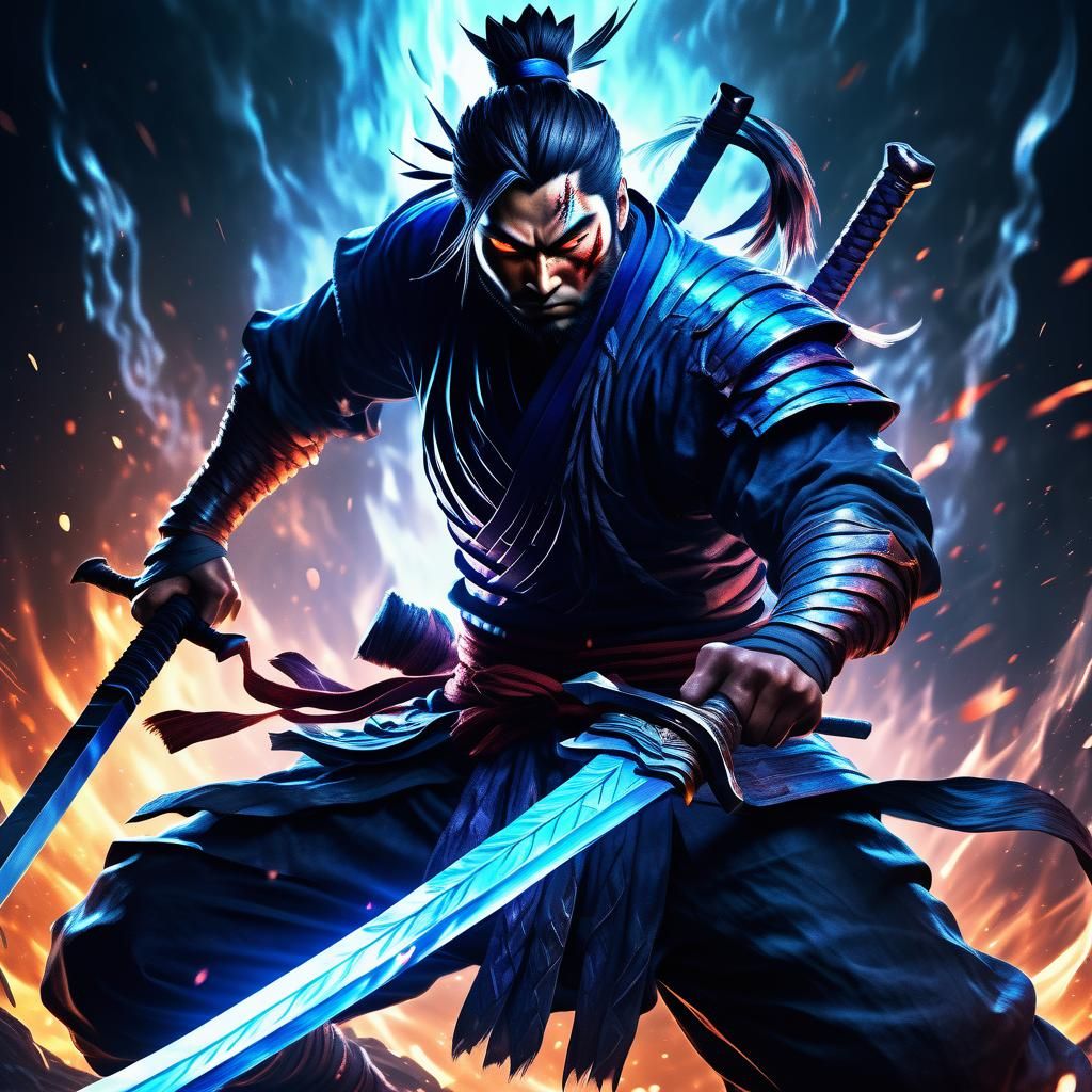 Demon Warrior Yasuo with Sword: Dark Fantasy Art