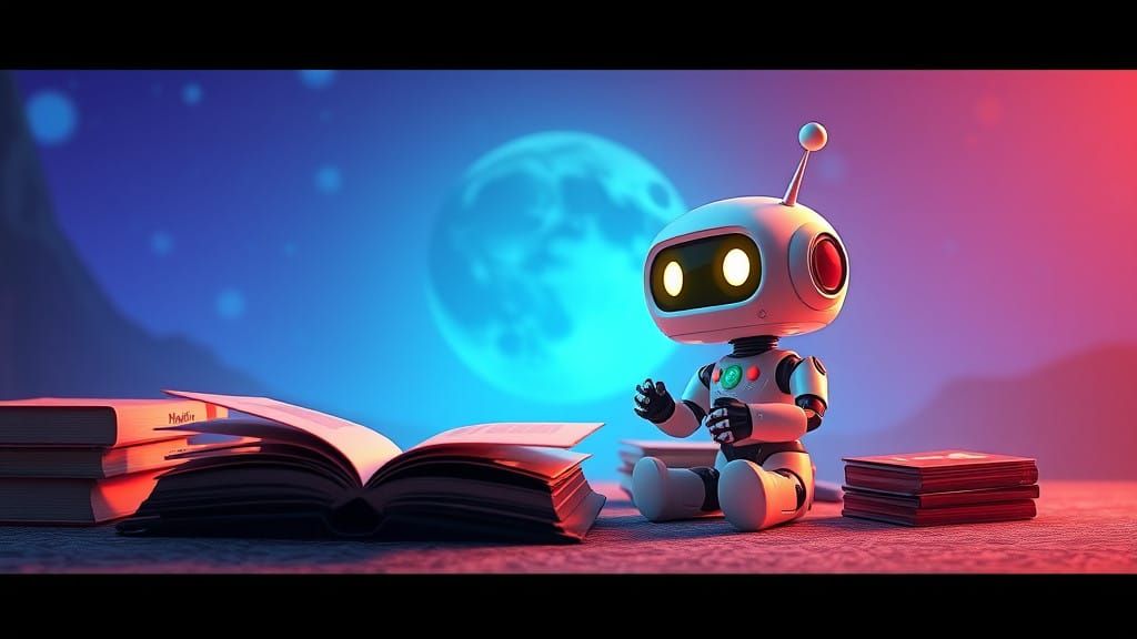 Cute Robot Enjoys Books Under Moonlight in Vibrant Digital A...