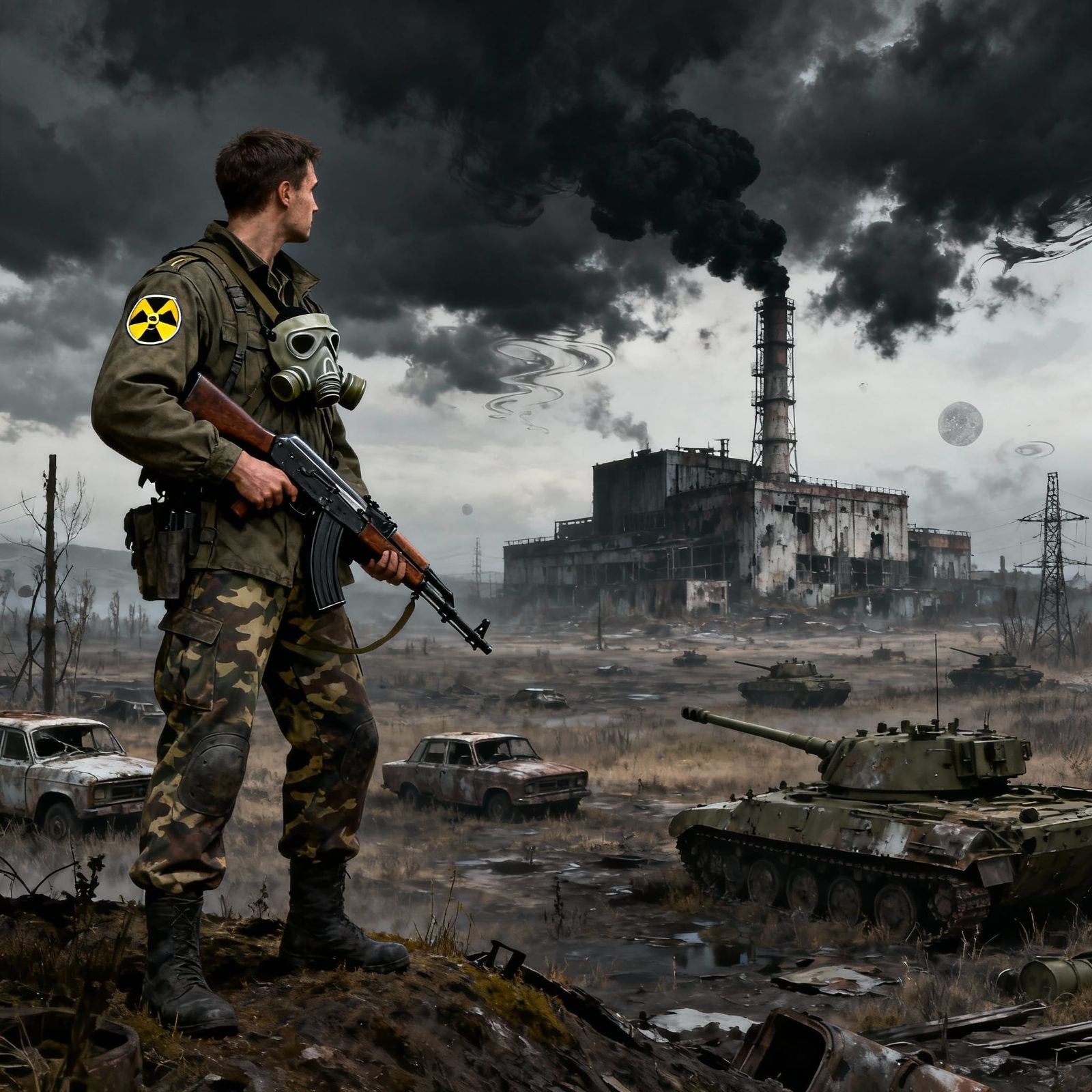 Chernobyl Zone Soldier Approaches Reactor in Gloomy Landscap...