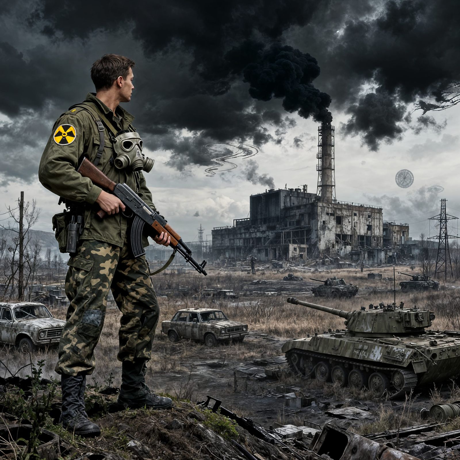 Chernobyl Zone Soldier Approaches Reactor in Gloomy Landscap...
