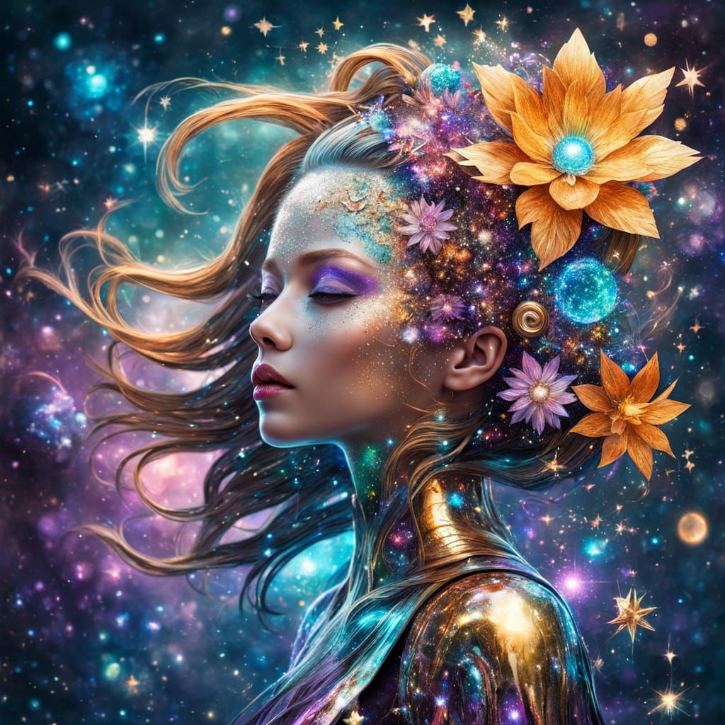 Cyborg in Sparkling Flower Garden