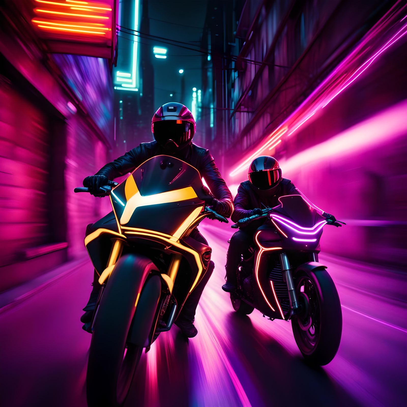 Cyberpunk Biker Gang Speeding Through Neon Alley