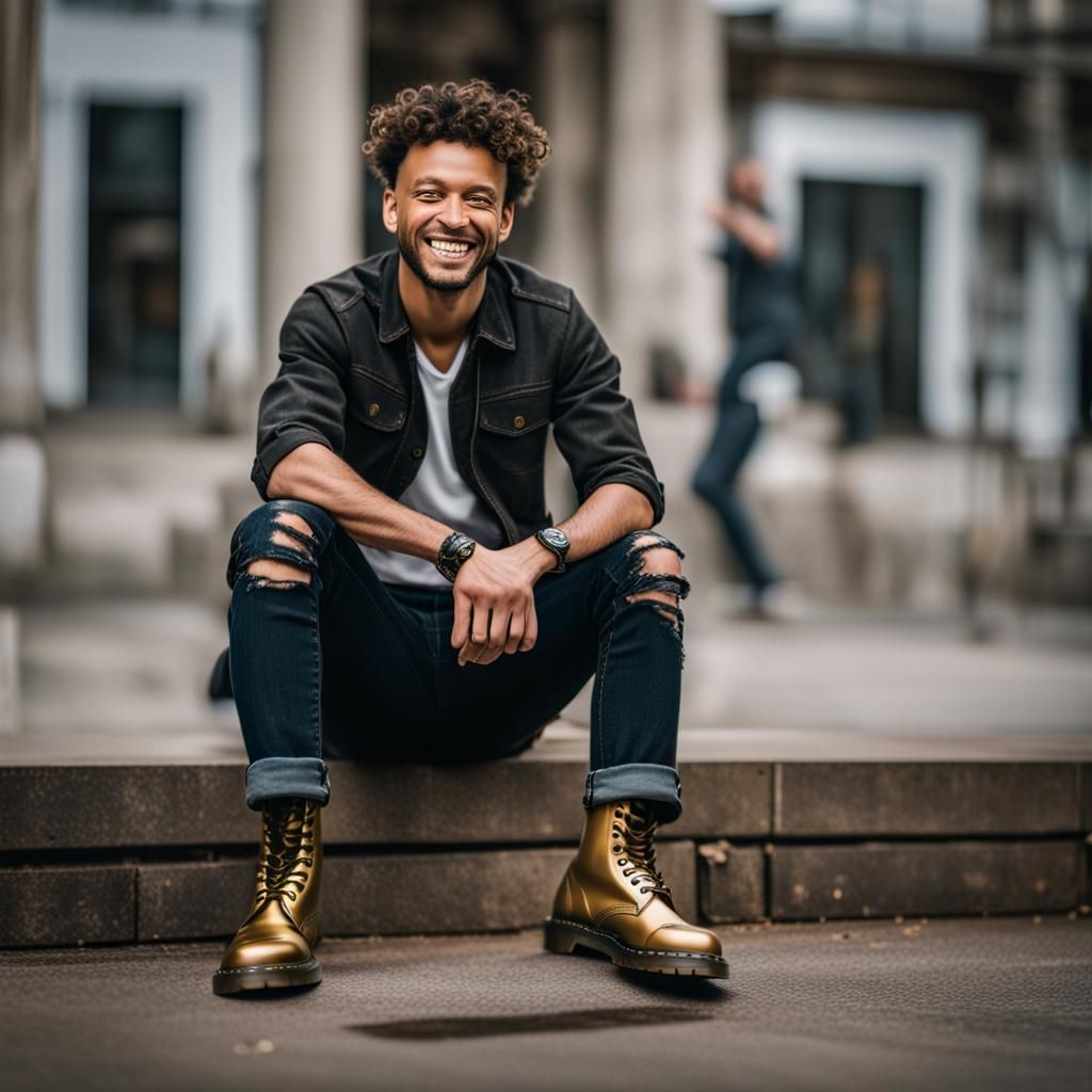 Men's 2023 Fashion: Distressed Jeans and Gold Boots
