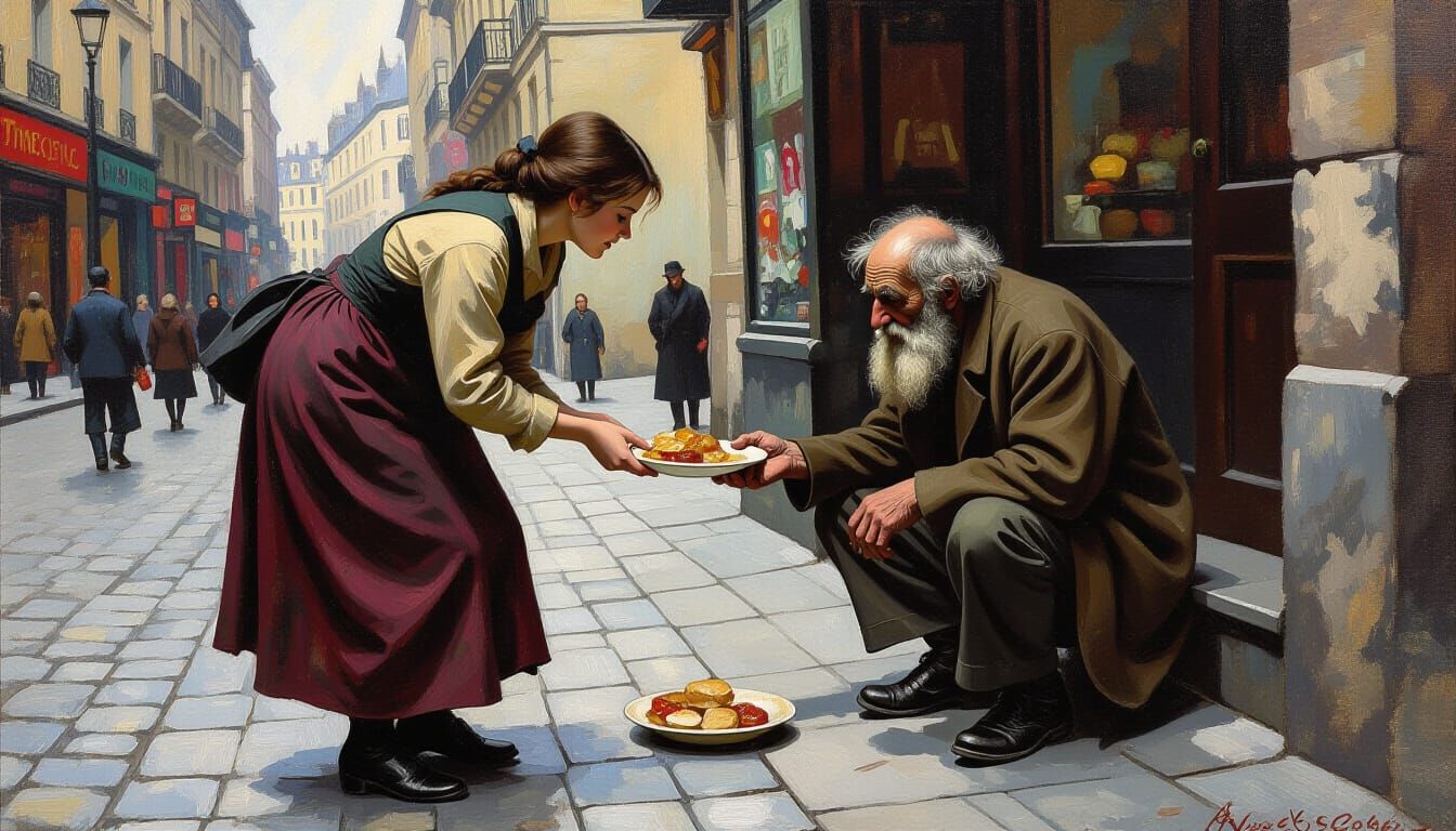 Emotive Oil Painting of Charity on a Cold Street